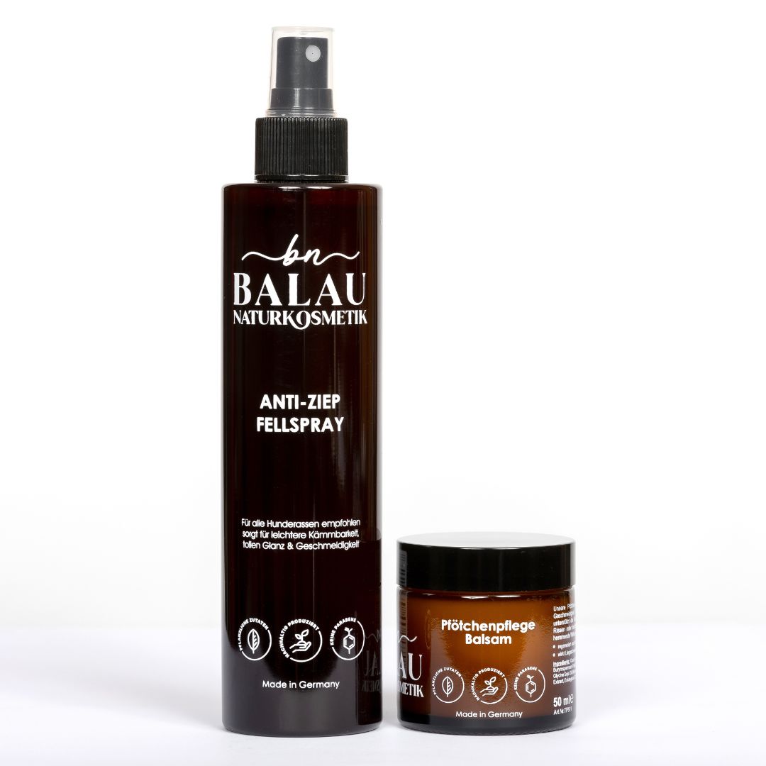 Balau Naturkosmetik Kollektion – natürliche Pfoten- und Fellpflege für Hunde mit Anti-Ziep Fellspray und Pfötchenpflege-Balsam