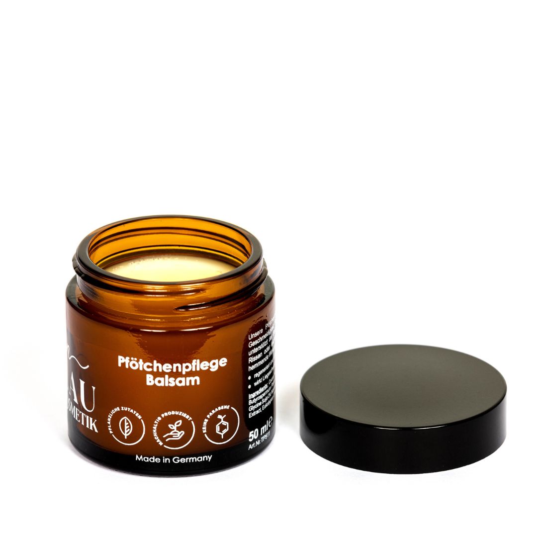 Balau Naturkosmetik Pfötchenpflege-Balsam für Hunde – Seitenansicht der natürlichen Pfotenpflege im Glas