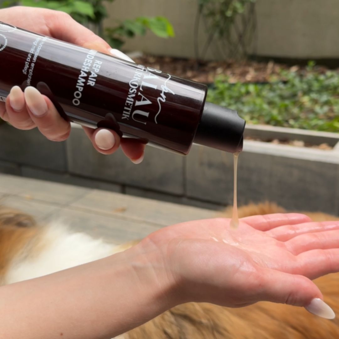 Balau Naturkosmetik Repair Hundeshampoo – Anwendung, sanfte Textur in der Hand für natürliche Fellpflege bei Hunden
