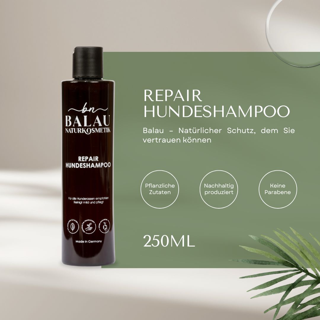 Balau Naturkosmetik Repair Hundeshampoo – Vorteile: pflanzliche Zutaten, nachhaltig produziert, ohne Parabene, sanfte Pflege für Hunde