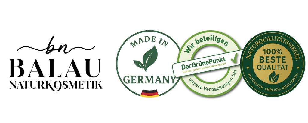 Balau Naturkosmetik mit drei Qualitätssiegeln: Made in Germany, Der Grüne Punkt, Naturqualitätssiegel – 100 % beste Qualität