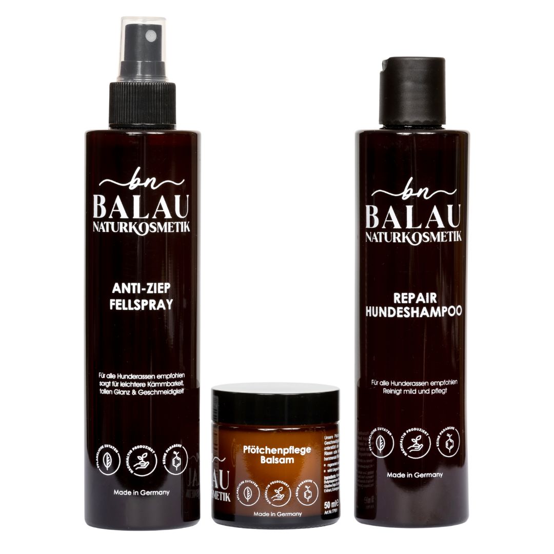 Balau Naturkosmetik Regenerations-Set – Repair Hundeshampoo, Anti-Ziep Fellspray und Pfötchenpflege-Balsam für intensive Pflege und Regeneration des Hundes