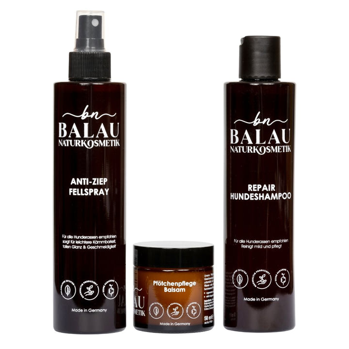 Balau Naturkosmetik Regenerations-Set – Repair Hundeshampoo, Anti-Ziep Fellspray und Pfötchenpflege-Balsam für intensive Pflege und Regeneration des Hundes