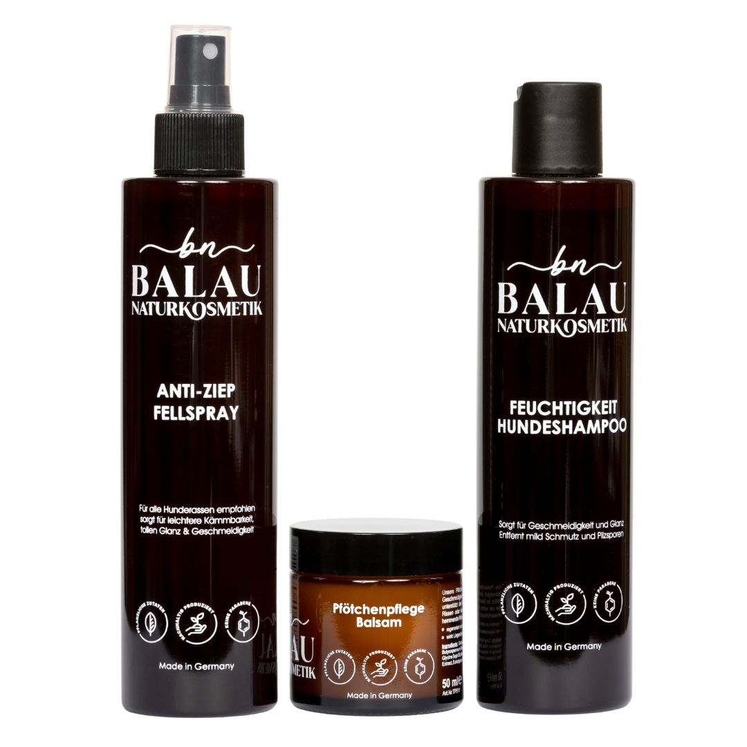 Balau Naturkosmetik Starter-Pflegeset – Anti-Ziep Fellspray, Feuchtigkeit Hundeshampoo und Pfötchenpflege-Balsam für die grundlegende Hundepflege