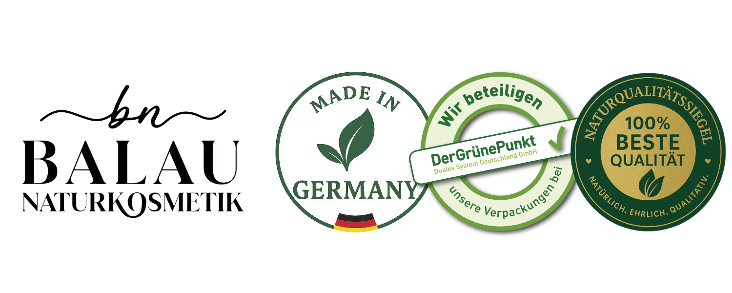Balau Naturkosmetik mit drei Qualitätssiegeln: Made in Germany, Der Grüne Punkt, Naturqualitätssiegel – 100 % beste Qualität